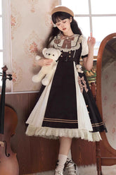 Black/White Chocolate Workshop Long Version Elegant Short Puff Sleeves Sweet Lolita Dress (Plus Size Version)