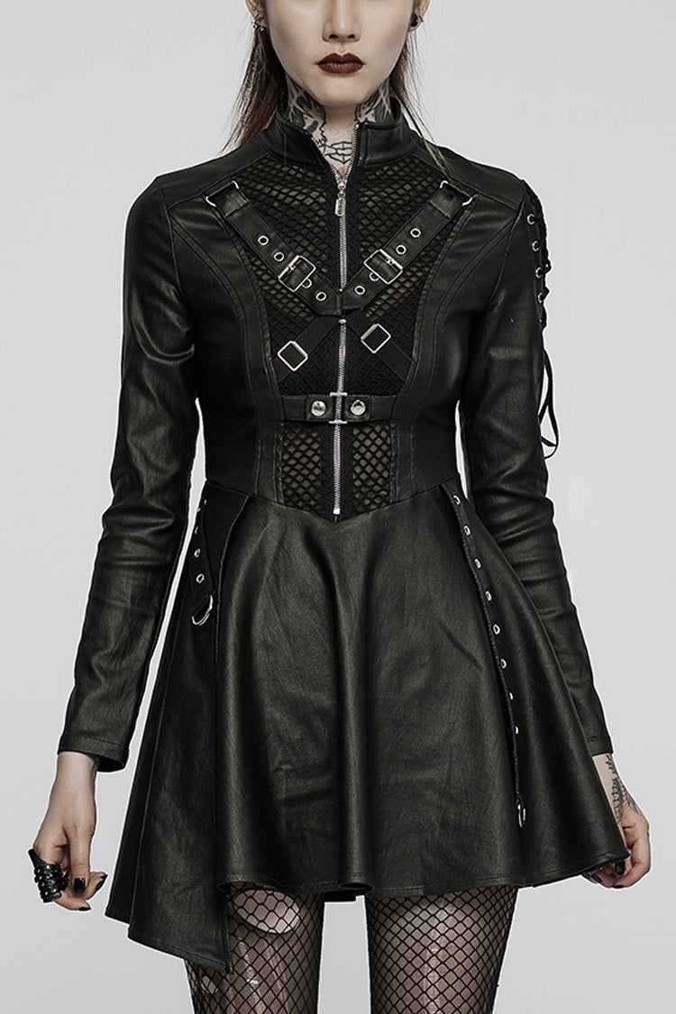 Black Long Sleeves Stitching Slim Mesh Asymmetric Hem Women's Steampunk Dress
