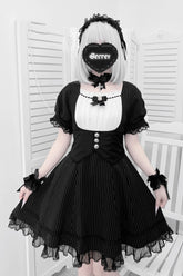 Black/White Short Sleeves Stripe Print Ruffle Bowknot Cross Waist Maid Sweet Japanese Lolita Dress Set