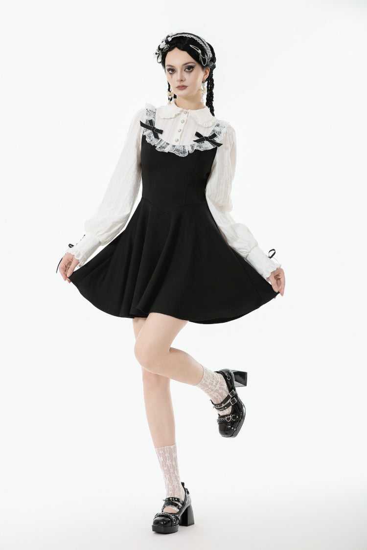 Black/White Faux Two-Piece Doll Collar Long Sleeves Lace-Up Women's L –  LolitaInside