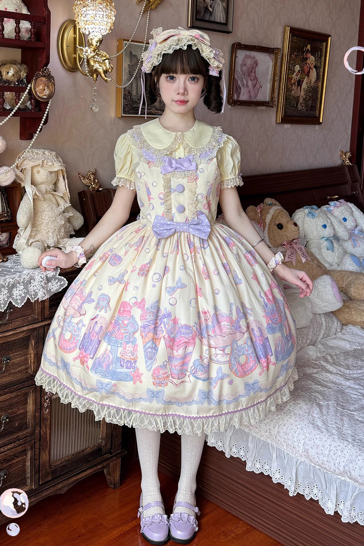 Angelic Pretty Cream Soda Mermaid JSK 白 Cream Soda Mermaid Print Light Yellow Bowknot Lace Sweet Lolita