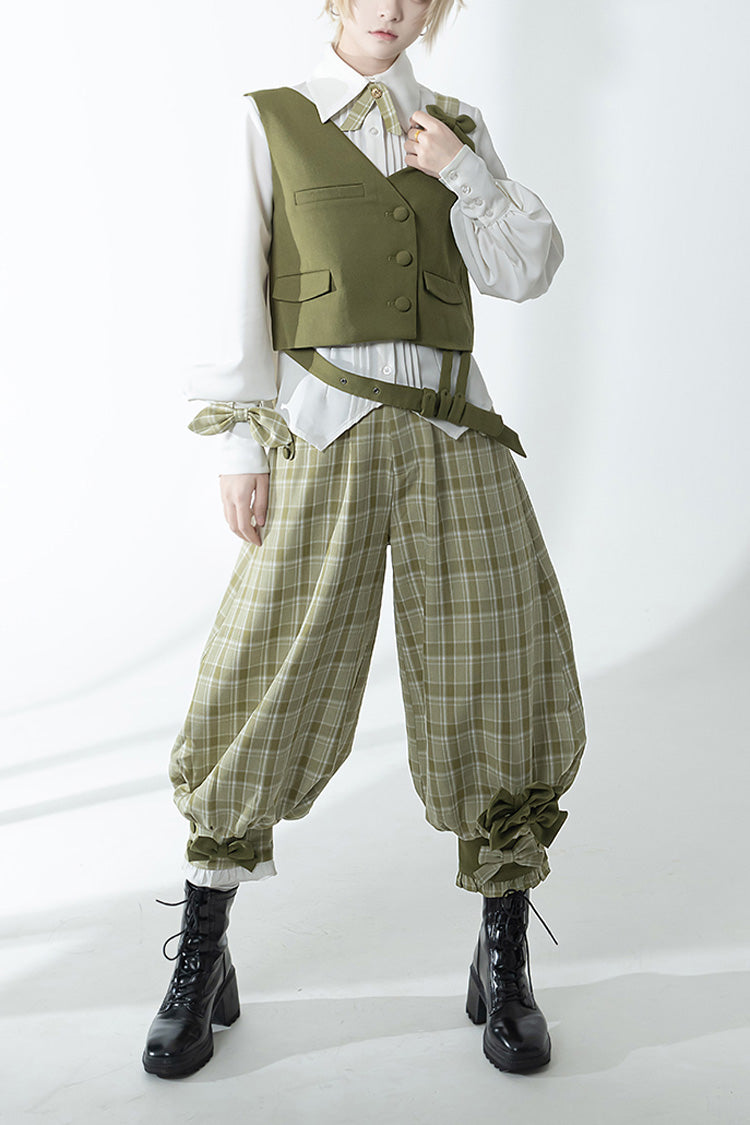 Matcha Green Plaid Pants Secret Morning Post Series Cute and Handsome Ouji Lolita Set