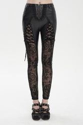 Black Flocked Stretch Slim Thigh Lace String Adjustable Women's Gothic Leggings