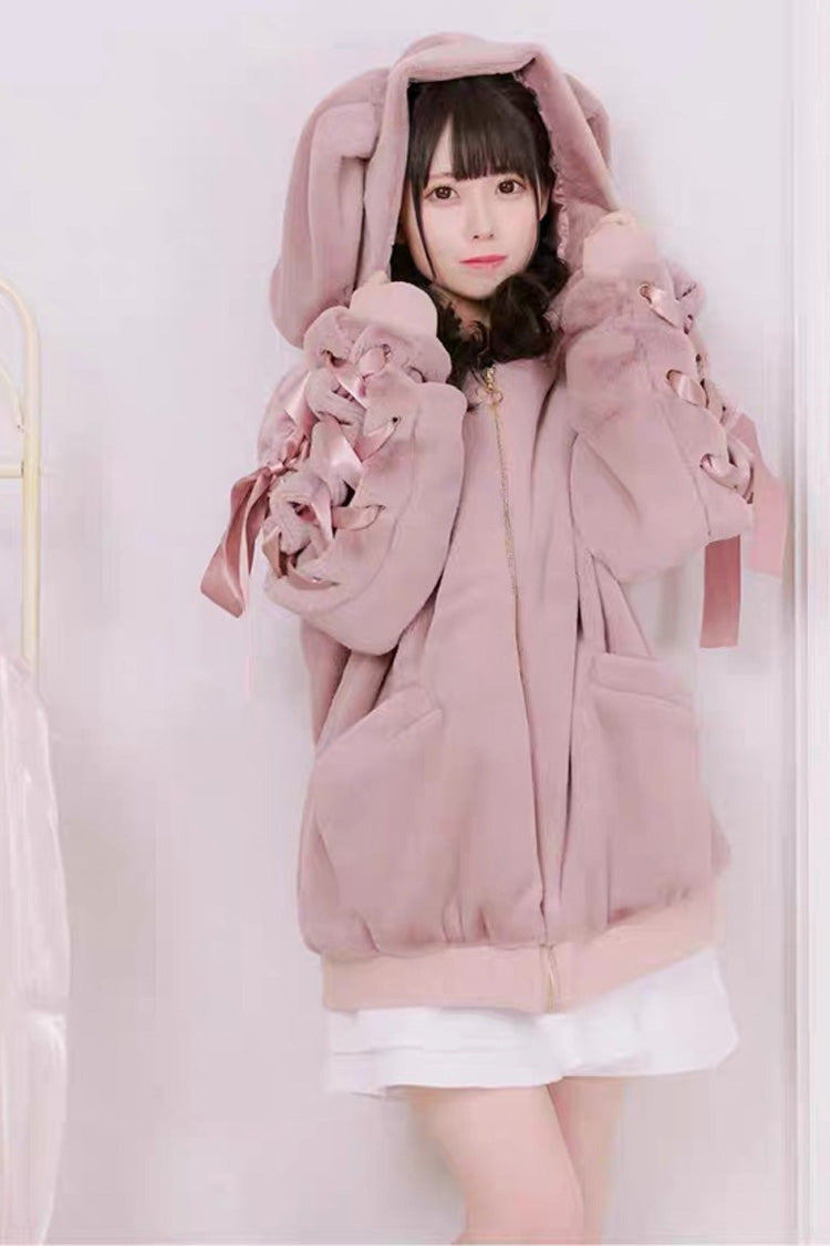 Pink Rabbit Ears Long Sleeves Bowknot Lace-Up Hooded Jirai Kei