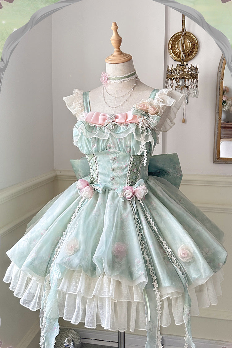 Green Flower Fairy Forest Garden Print Ruffle Bowknot Lace Sweet Loli – LolitaInside