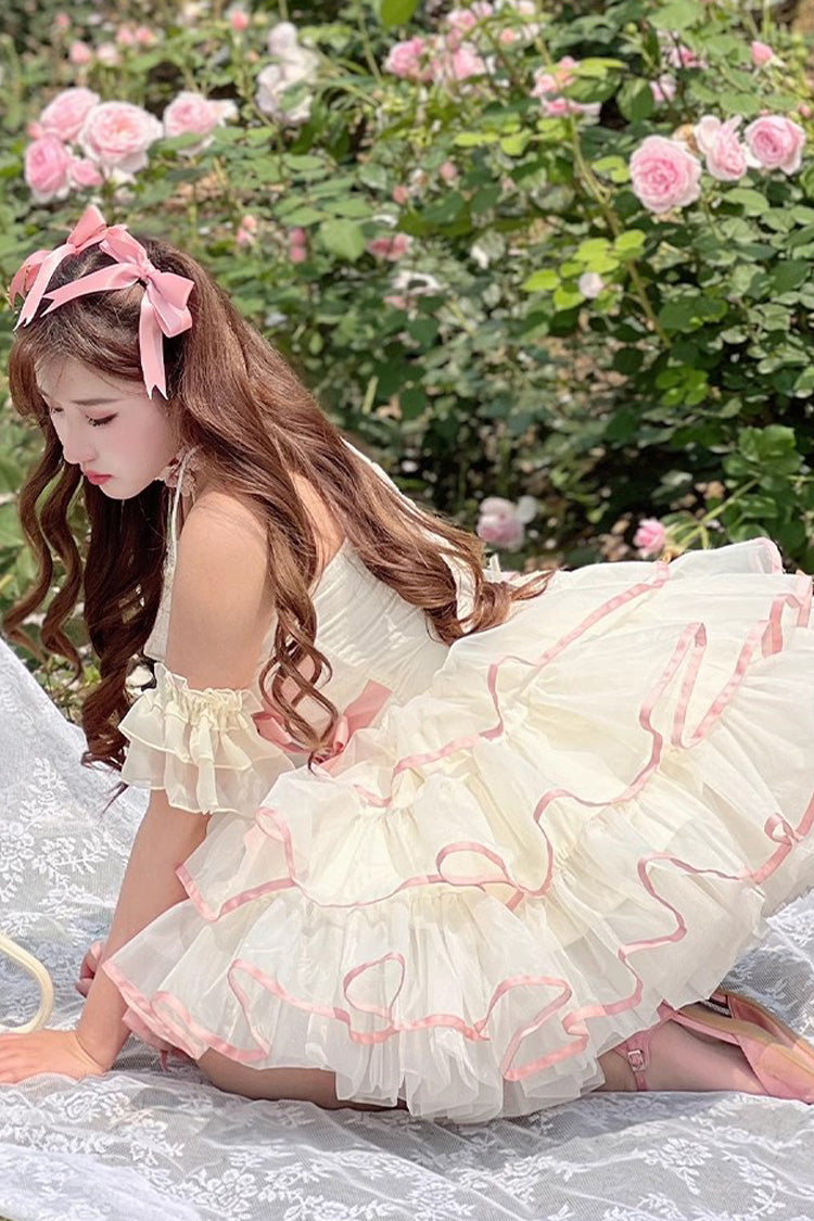 Pink/Beige Ballerina Style Bowknot Slim Fluffy Princess Sweet Lolita Tiered Dress