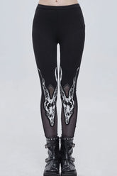 Black Gothic Stretch Knitted Fabric Spliced Mesh Devil Sheep Head Pattern Printing Women's Leggings