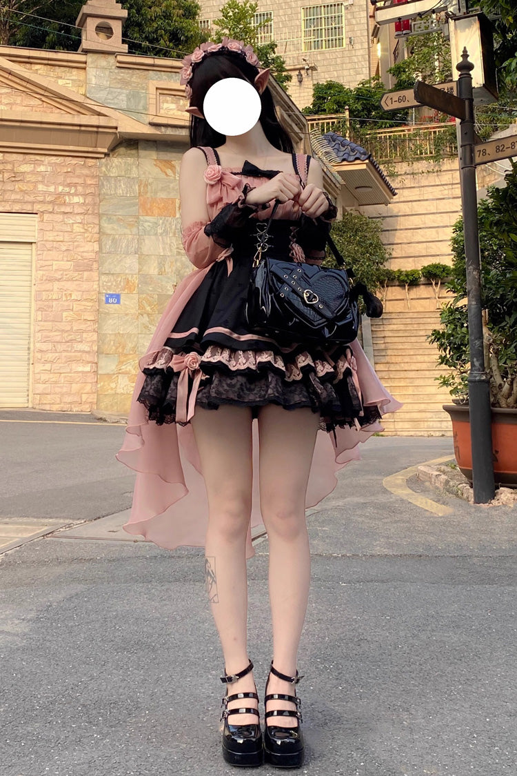 Black/Pink Multi-layer Ruffle Bowknot Sweet Princess Lolita Dress