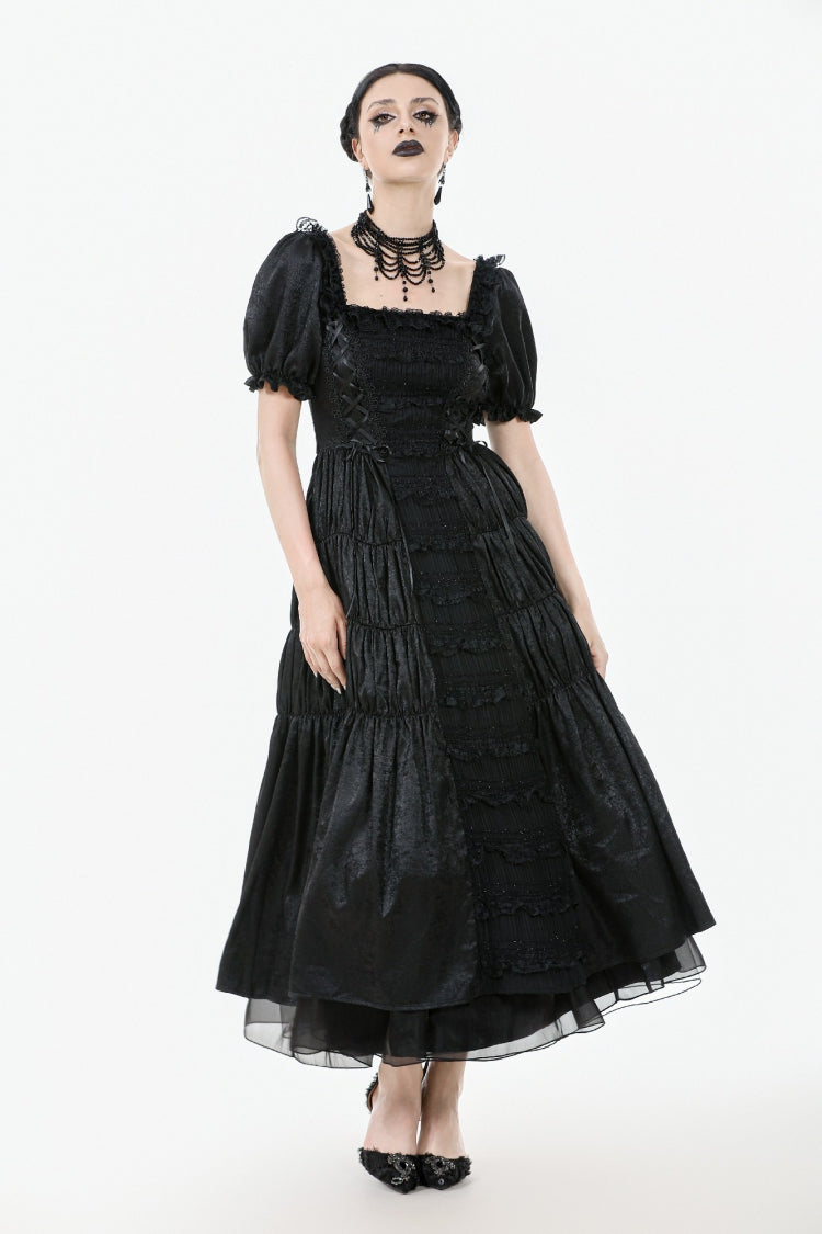 Black Lace Square Collar Short Puff Sleeves Lace-Up Ruched Women's Go –  LolitaInside
