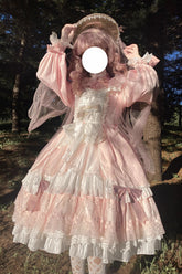 Pink Hanayome Long Sleeves Bowknot Multi-Layer Ruffled Sweet Lolita OP Tiered Dress