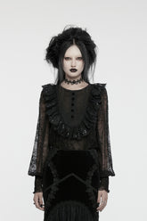 Black Round Collar Long Lantern Sleeves Ruffle Lace Women's Gothic Blouse
