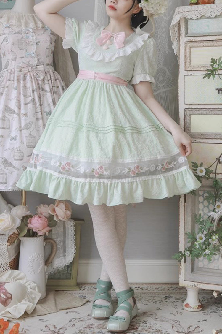 Green Short Sleeves Rose Print Ruffle Bowknot Sweet Lolita Dress LolitaInside
