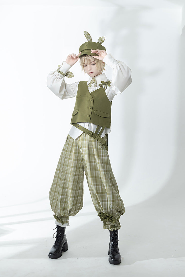 Matcha Green Plaid Pants Secret Morning Post Series Cute and Handsome Ouji Lolita Set