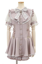 Pink Japanese Diamond Buckle Heart Bow Lace Sweet Jirai Kei Dress Fake Two-piece Set