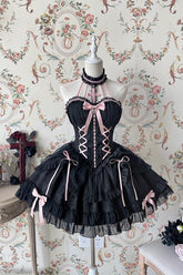 Black/Pink Tube Top Sleeveless Ruffle Bowknot Gothic Lolita Jsk Tiered Dress