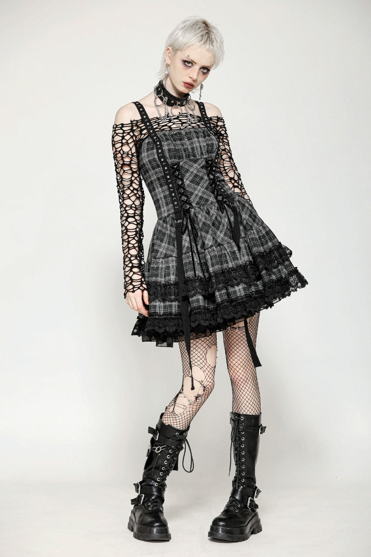 Grey Sleeveless Layered Lace Hem Plaid Women's Punk Party Slip Dress Graduation Dress Grey Sleeveless Layered Lace Hem Plaid Women's Punk Party Slip Dress Graduation Dress