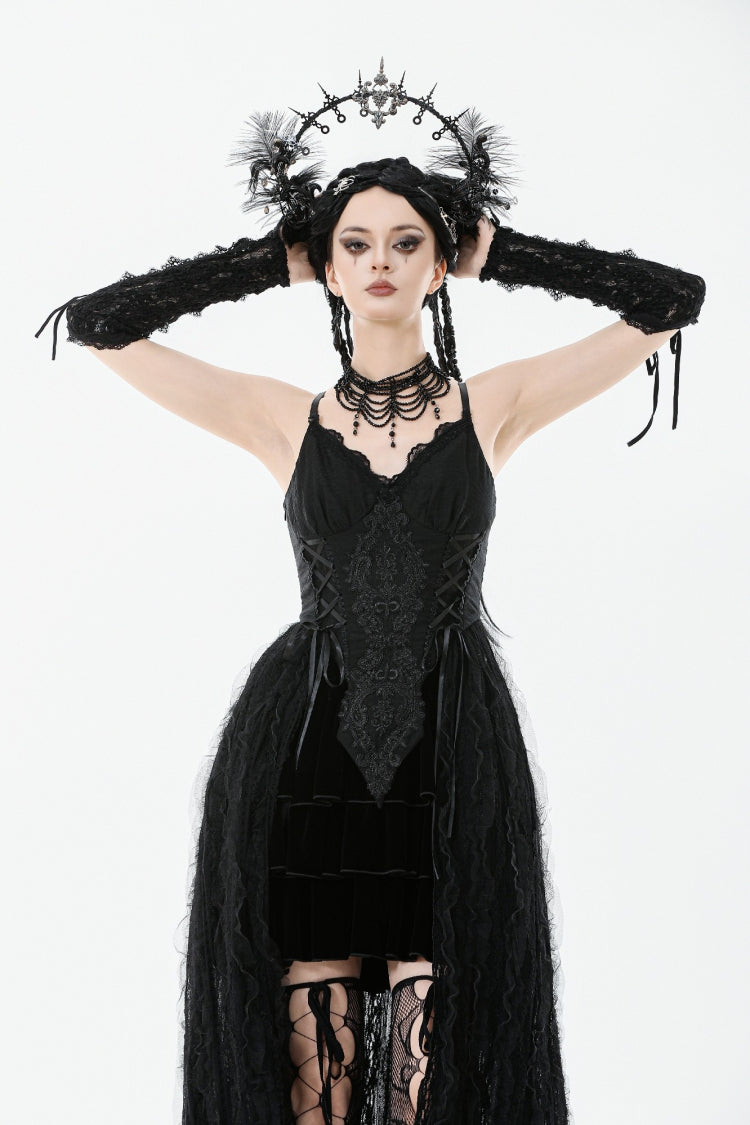 Black Sleeveless Floral Embroidered Lace Lace-Up Women's Gothic Dress –  LolitaInside