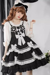 Black/White Bear Paw Print Ruffle Bowknot Sweet Princess Lolita Jsk Dress