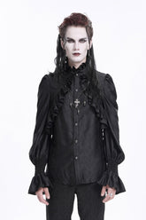 Black Stand Collar Long Sleeves Ruffle Lace Cross Men's Gothic Blouse