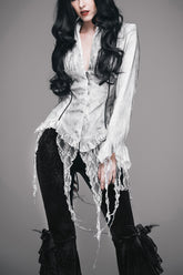 White Printed V-Neck Long Sleeve Flare Cuff Back Waist Lace-Up Irregular Lace Tassels Hem Women's Gothic Blouse