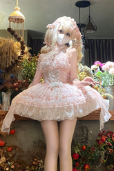 Pink Halterneck Triple-Layered Bowknot Lace Sweet Lolita Jsk Dress