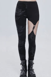 Black Gothic Ripped Spider Web Print Asymmetric Belt Buckle Decoration Women's Leggings