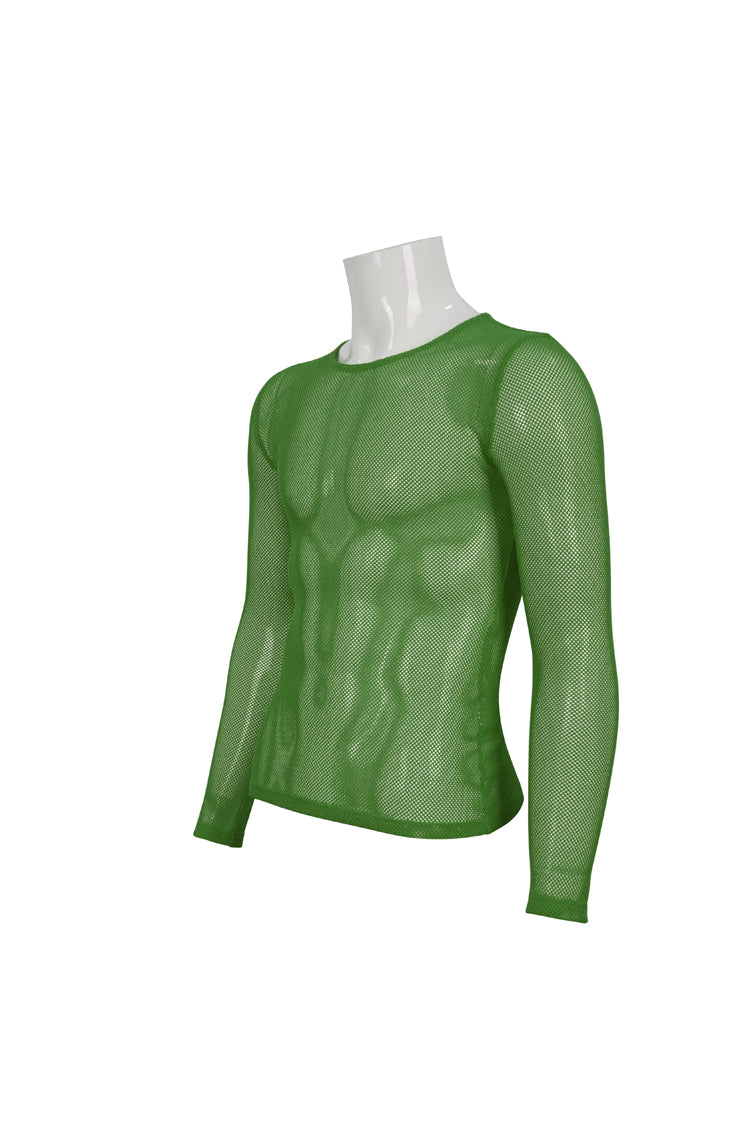 Green Elasticity High Neck Long Sleeve Mesh Men's Gothic T-Shirt
