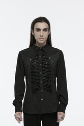 Black Lapel Collar Long Sleeves Jacquard Print Drawstring Lace-Up Men's Gothic Blouse
