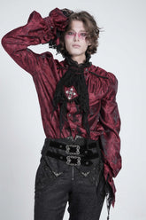 Red Long Puff Sleeves Men's Gothic Blouse with Lace Necktie