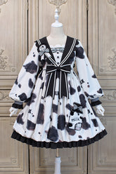 White/Black Navy Collar Headbow Ruffled Stitching Cow Print Sweet Lolita OP Dress