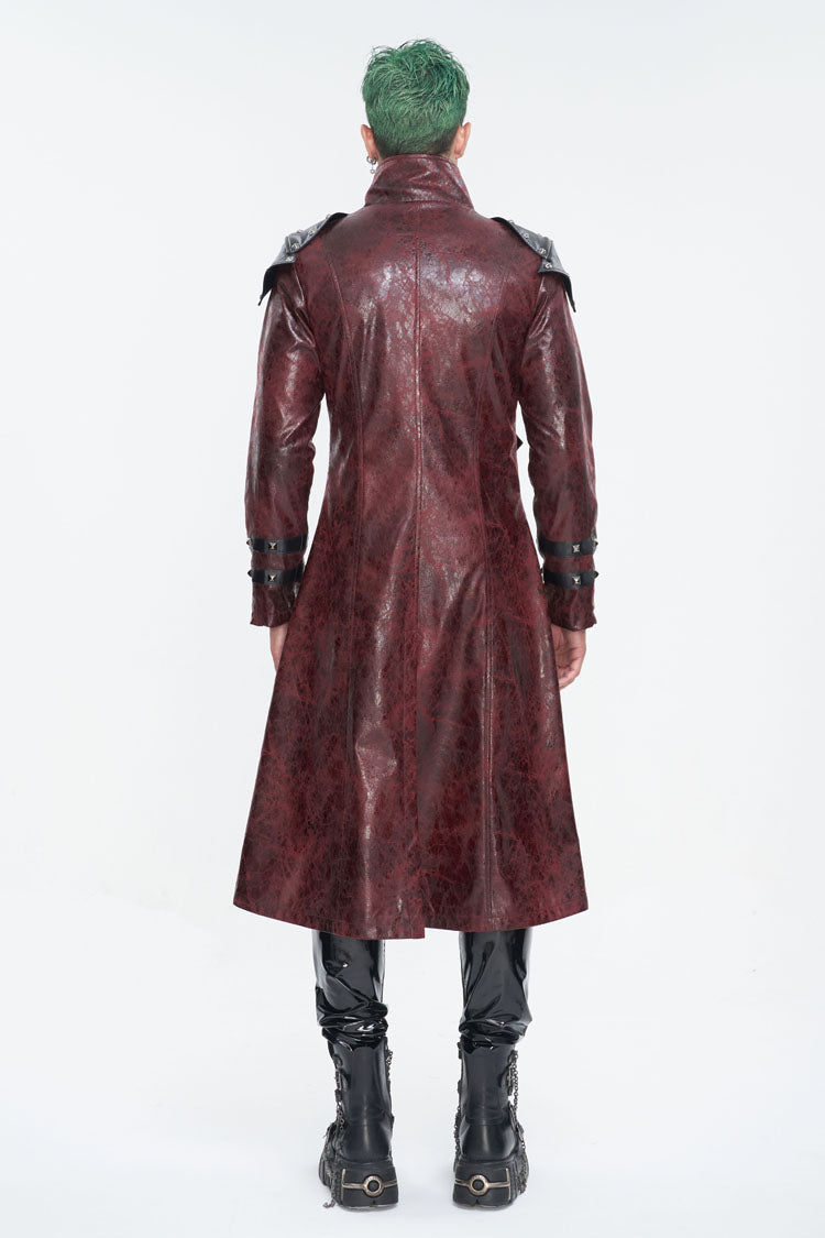 Red Stand Collar Multi Buckle Faux Long Leather Men's Punk Coat