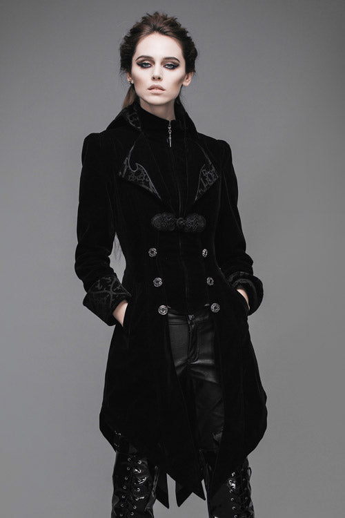 Black Embroidered High Collar Dovetail Velveteen Womens Gothic Coat