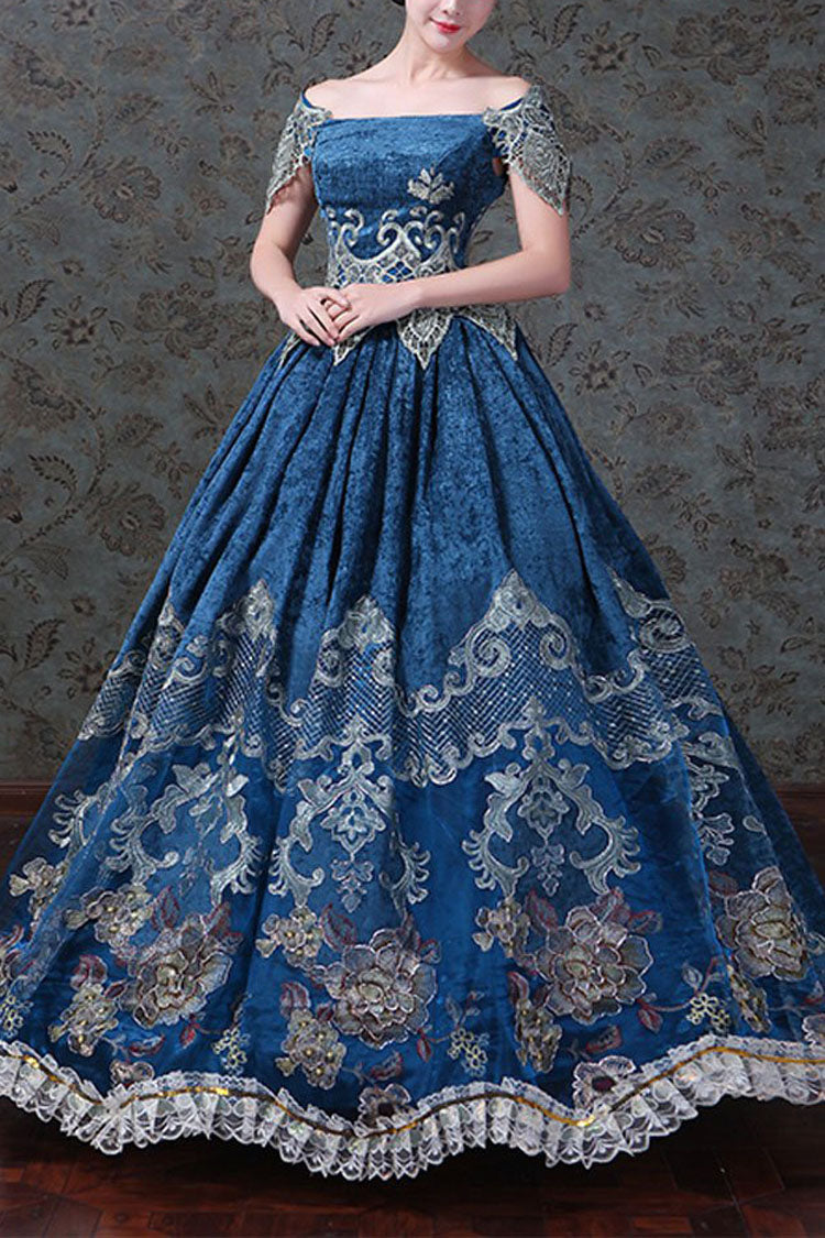 Blue Boat Neck Off The Shoulder High Waisted Embroidery Floral