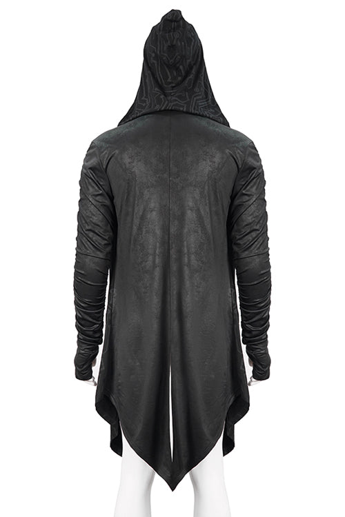 Black Hooded Wrinkled Sleeves Circuit Diagram Print Knit Long Mens Punk Coat