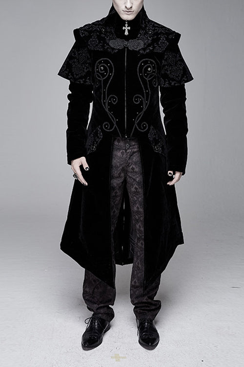 Black Hand Embroidered Cape Collar Velveteen Gothic Mens Coat