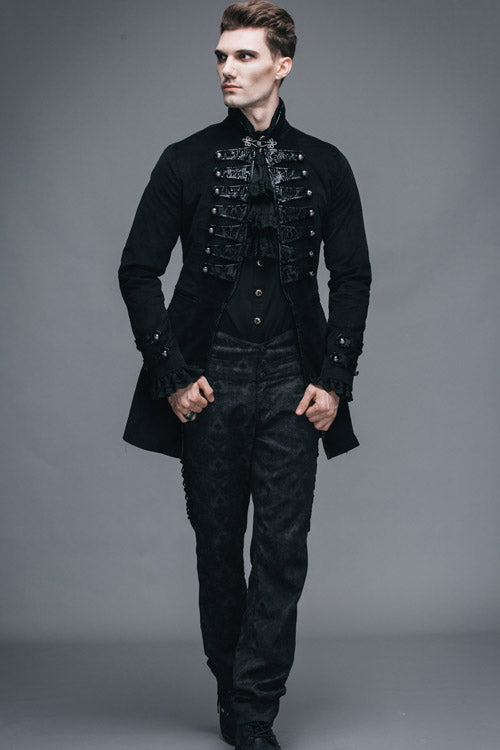 Black Fake Two Pieces Embroidered Turn Down Collar Long Sleeves Velvet Mens Gothic Coat