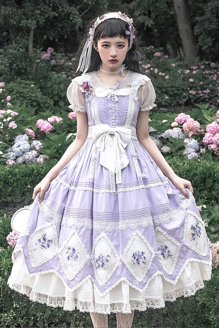 パープルプリントフリル刺繍ちょう結びクラシックヴィンテージロリータ