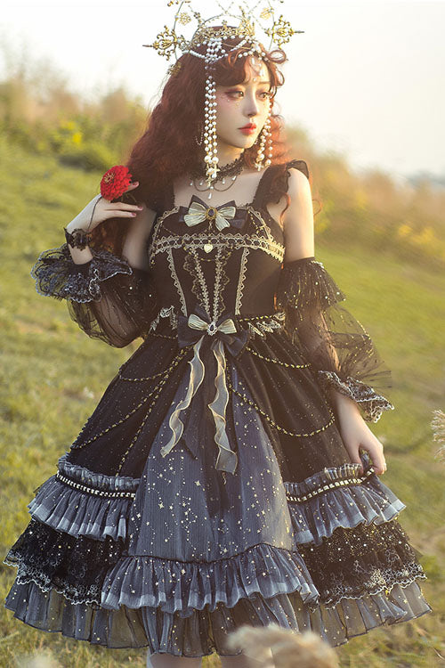Black Starry Night Square Collar Bowknot Multi-Layer Ruffled Cardigan Gothic Lolita JSK Dress with Detached Sleeves