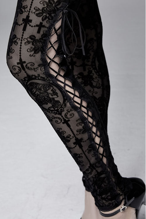Black Flocking Printing Sexy Elastic Waistband Mesh Gothic Womens Pants