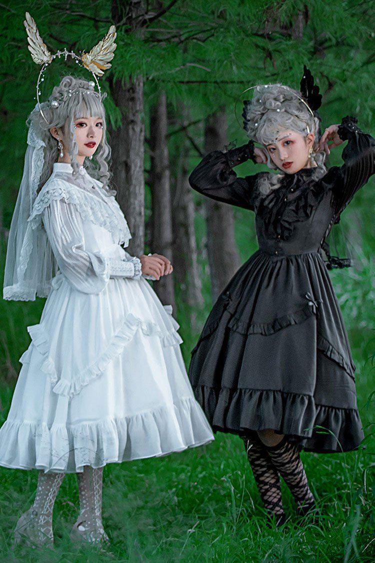 White Hollow V Neck Long Sleeves Bowknot Hanayome Ruffled Gothic Lolita Dress