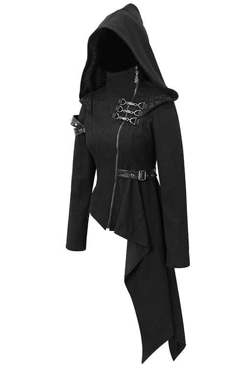 Black Hooded Asymmetrical Zipper Womens Punk Jacket