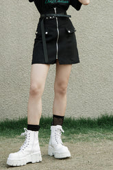 Black High Waist Front Zipper Metal Eyelets Belt Side Pocket Women's Punk Denim Skirt