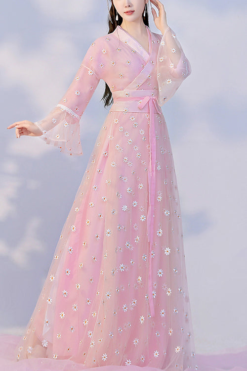 Pink Sunflower Embroidered Trumpet Sleeves Sweet Hanfu Dress
