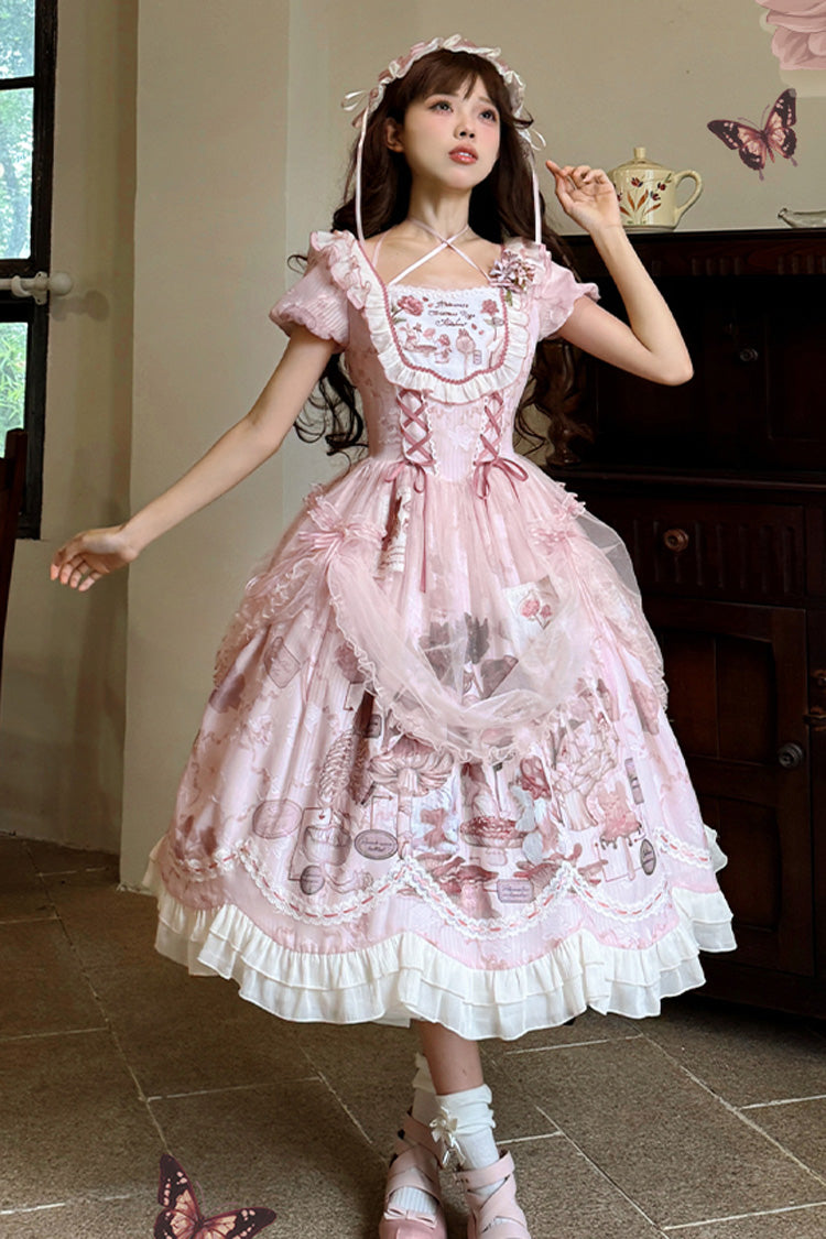 Süßes Lolita-Kleid mit rosa Kaninchen-Print, quadratischem Kragen, kurzen Ärmeln, Rüschen, Schleife und Spitze