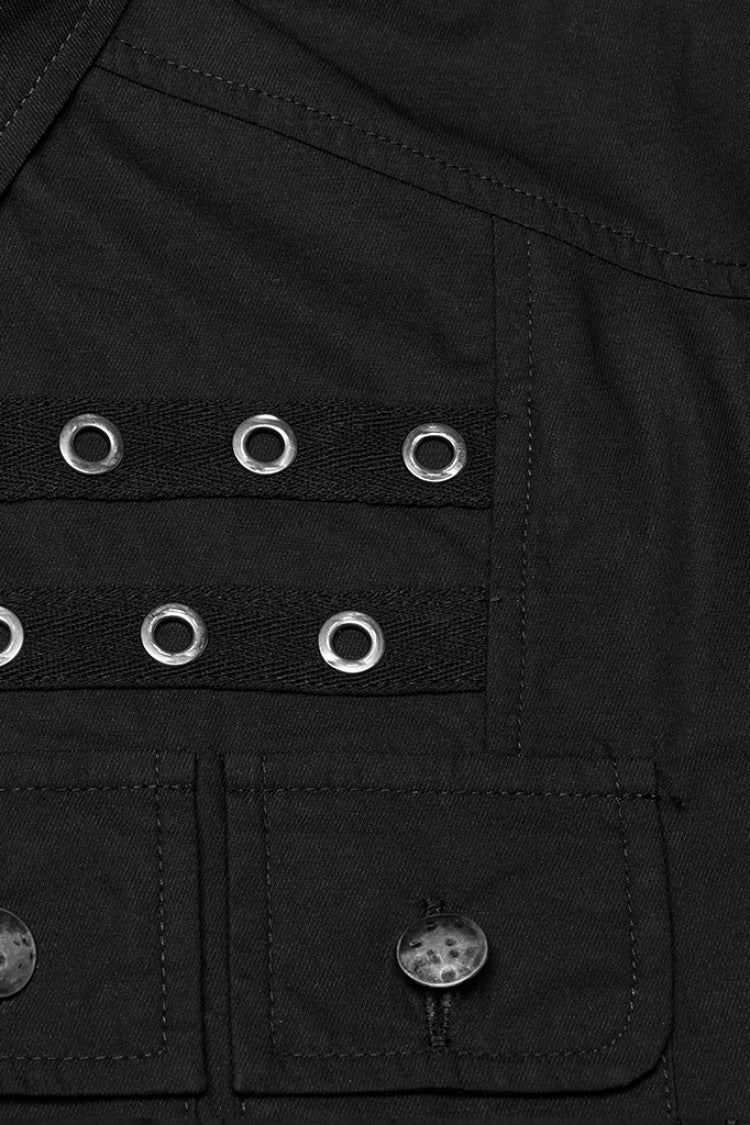 Schwarze Bluse mit Reverskragen, kurzen Ärmeln, Tasche und Ösen im Punk-Stil für Herren 