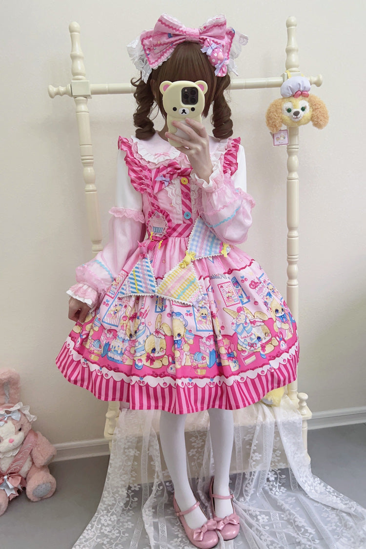 [Bunny Pastry Chef] Print Bowknot Gothic Japanese Lolita Jsk Dress 3 Colors