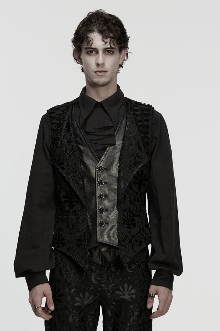 Black Long Sleeves V Collar Floral Embroidery Men's Gothic Vest