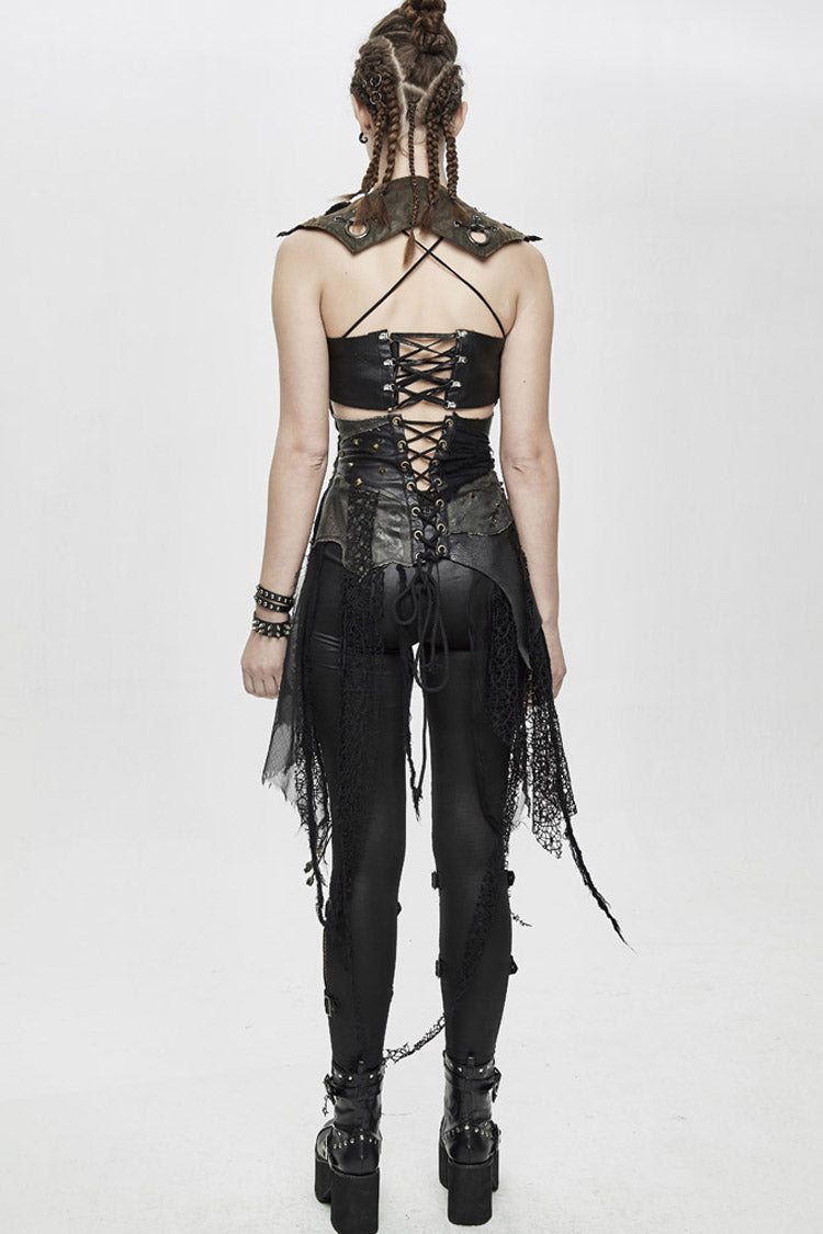 Black Vintage Leather Patchwork Distressed Belted Irregularly Lace Hem Women's Punk Half Skirt