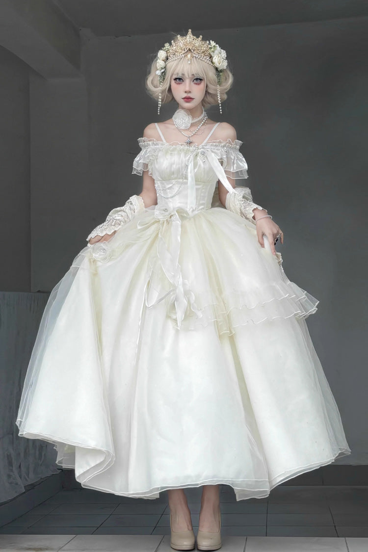 Aprikose [Helle Sterne] Schulterfreies Rüschen-Bowknot-Asymmetrisches Süßes Elegantes Prinzessin-Lolita-Kleid 