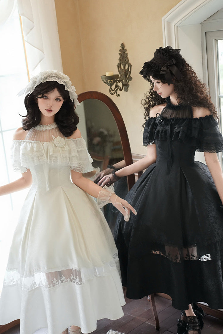 White [Flowers in the Mist] Off Shoulder Halterneck Print Ruffle Gothic Elegant Lolita Dress